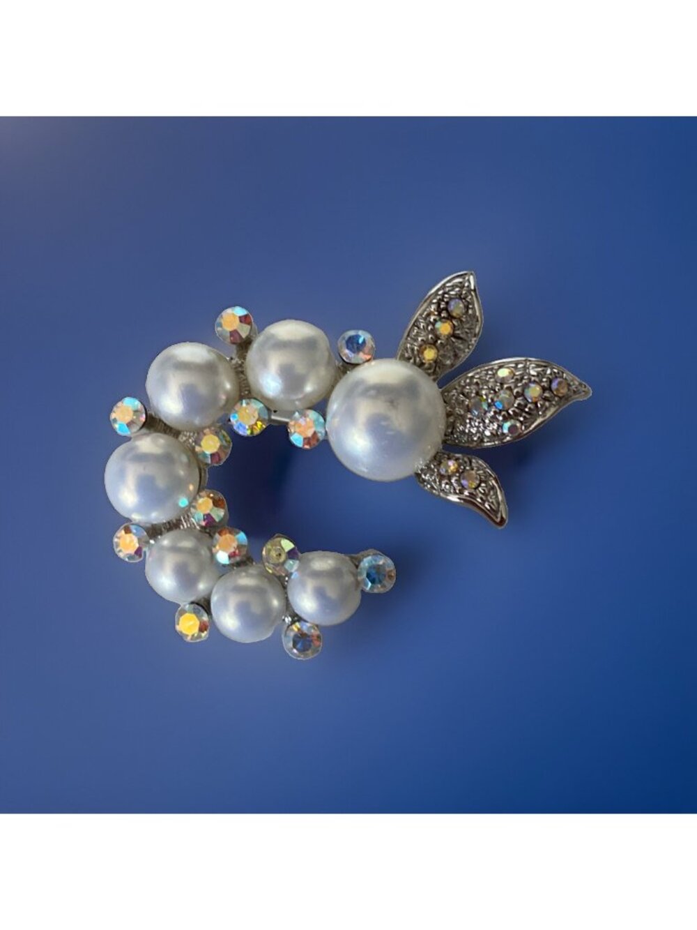 Vintage Gerry's Silver Tone Faux Pearl Aurora Borealis Wreath Brooch Pin Signed